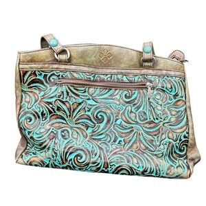 Patricia Nash Turquoise Tooled Leather Floral Satchel Shoulder Bag Brown Western